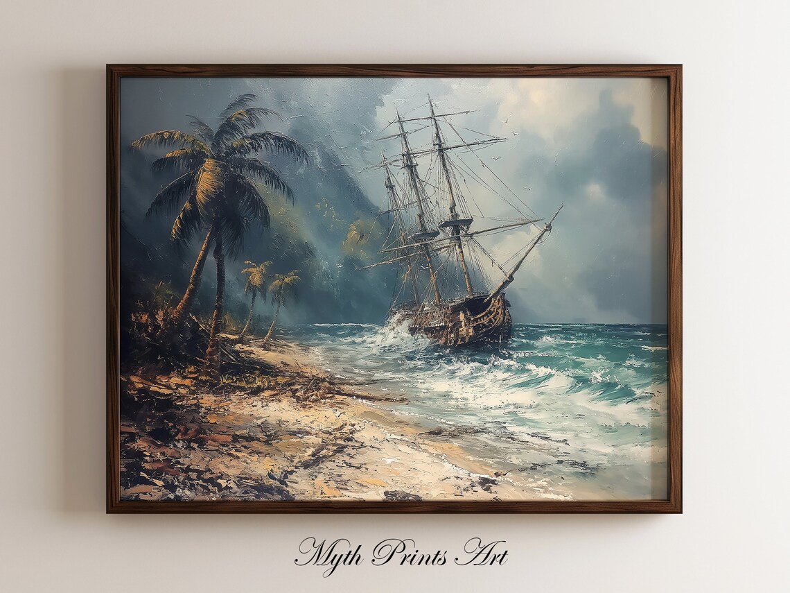 Vintage Tall Ship Tropical Island Coast Oil Painting Seascape Poster