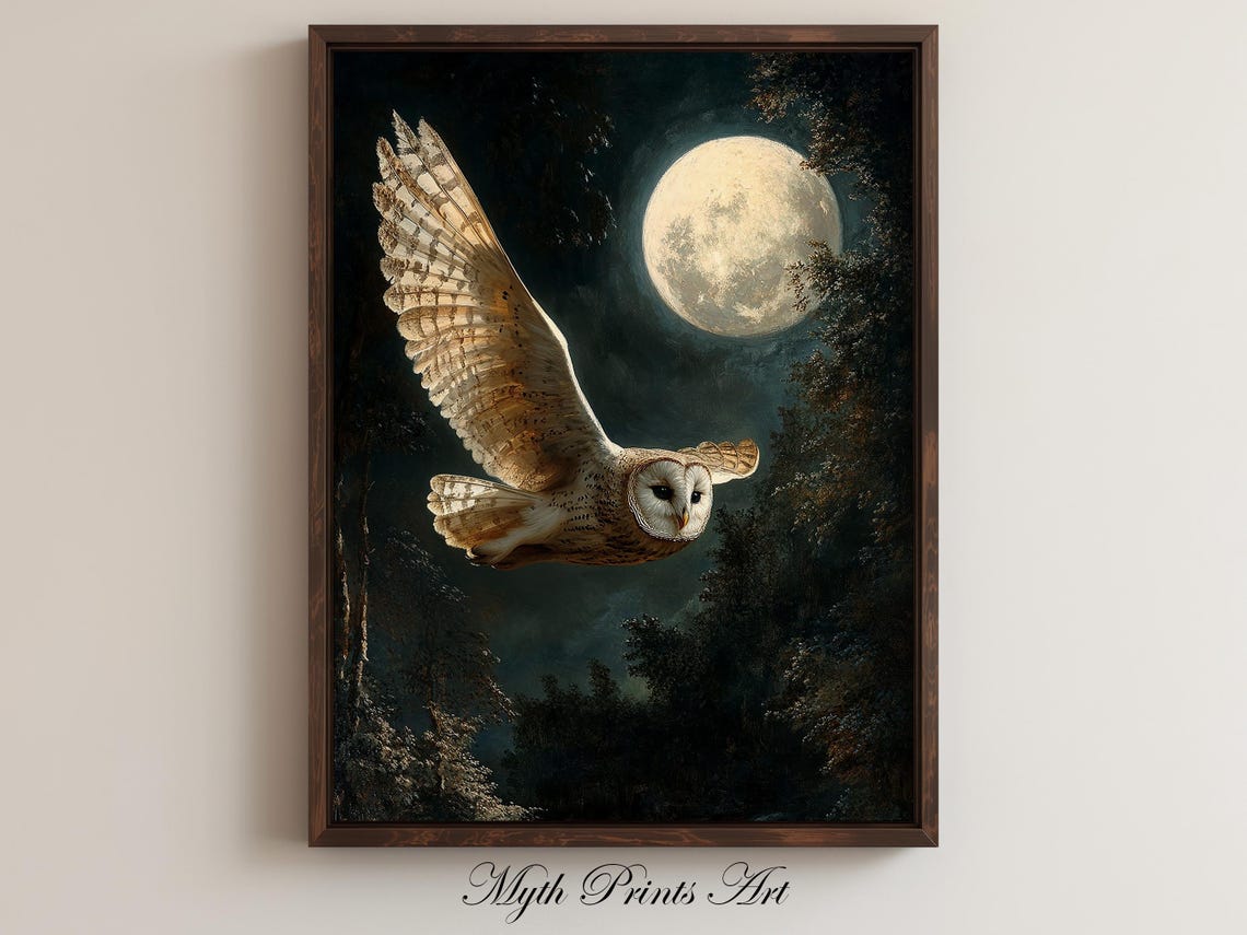 Owl Moonlight Forest Scenery Print Full Moon Landscape Rustic Moody Painting Vintage Antique Wall Art