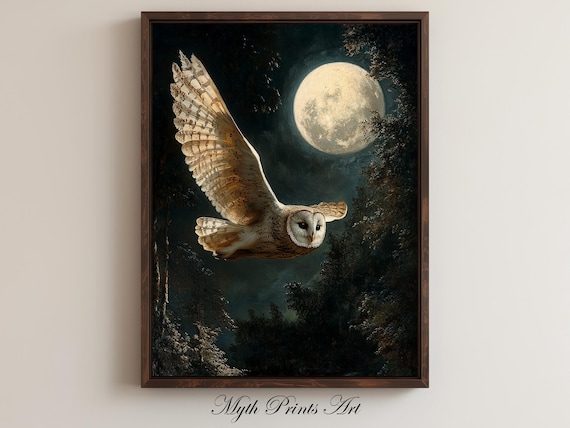Owl Moonlight Forest Scenery Print Full Moon Landscape Rustic Moody Painting Vintage Antique Wall Art