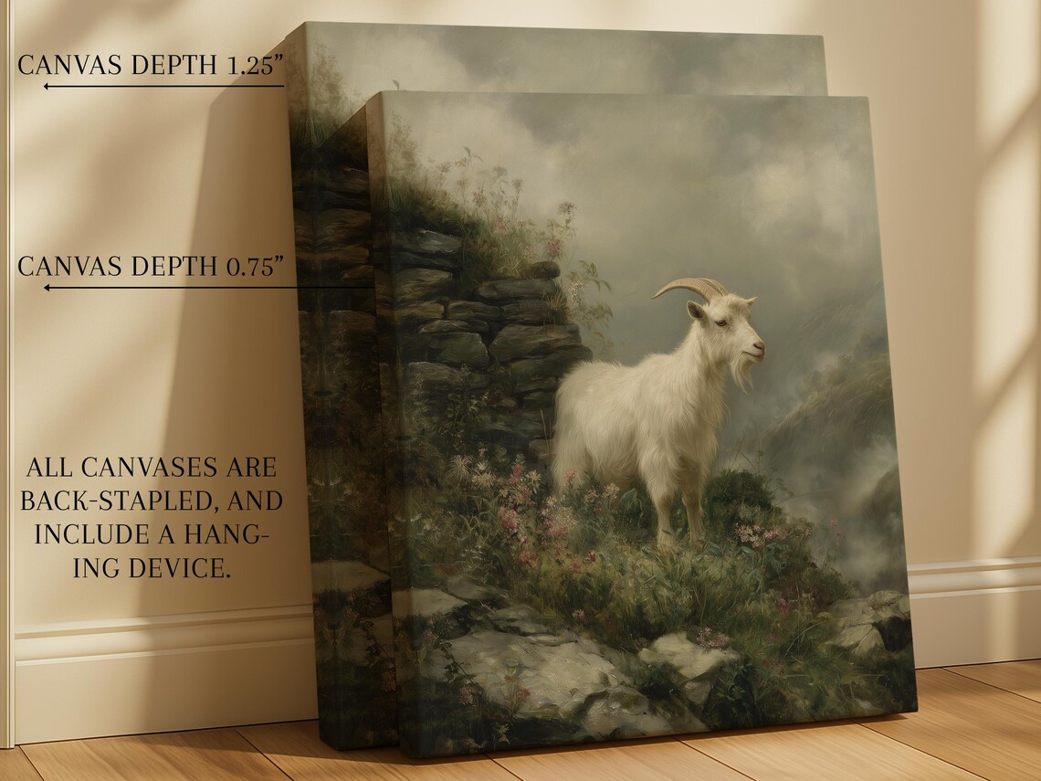 White Goat On Rocky Hillside Vintage Moody Pastoral Painting Poster