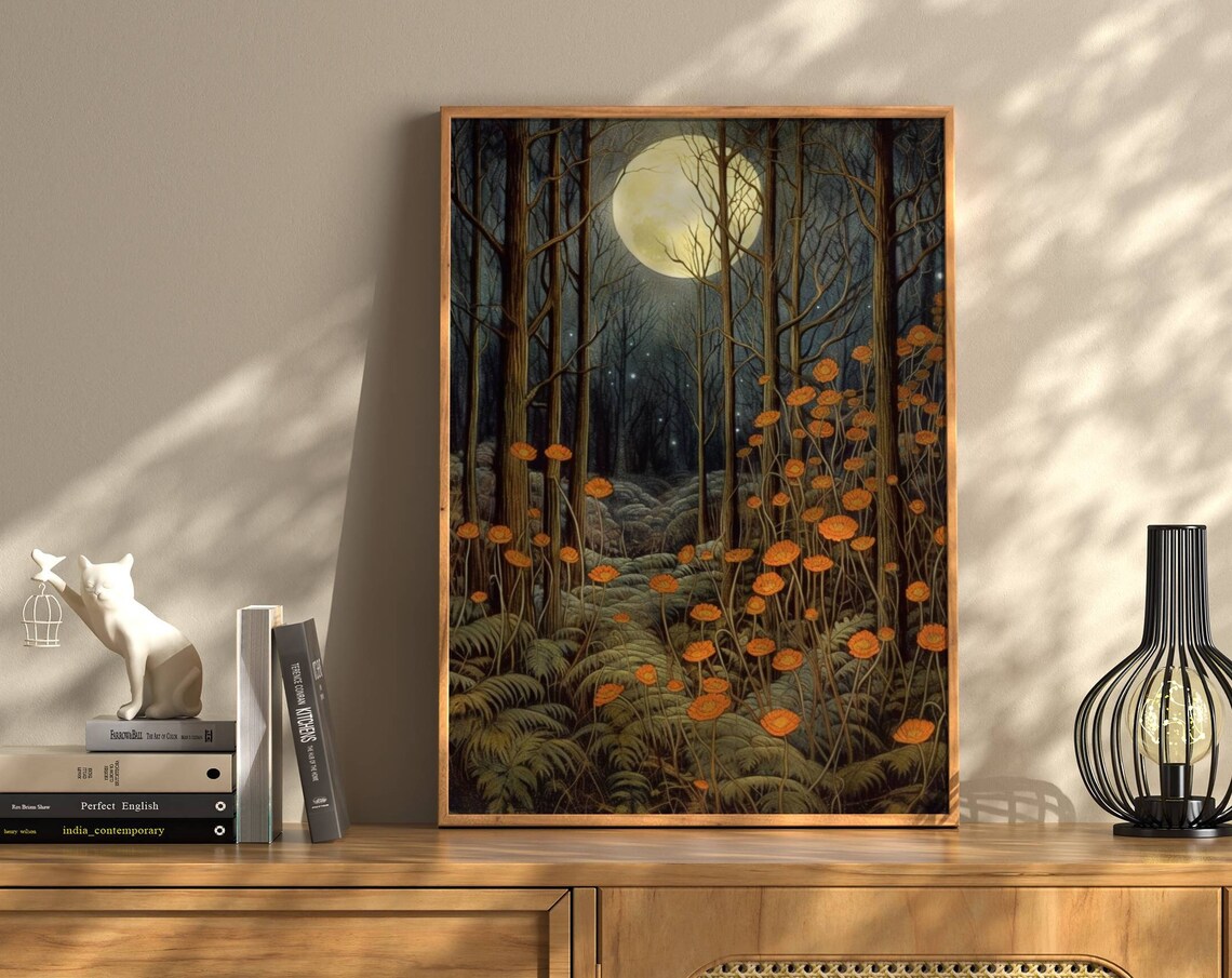 Autumn Forest Vintage Landscape Art Print, Moon