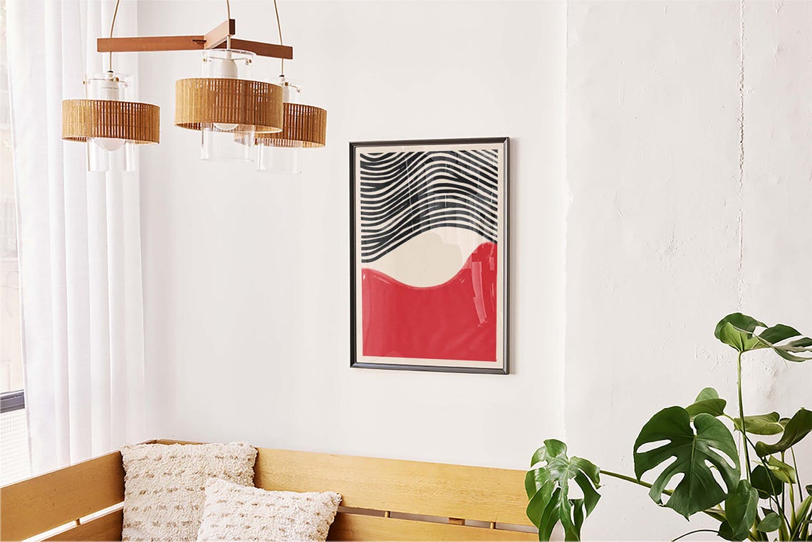 Bold Black Waves Over Red Abstract Mid Century Modern Poster - Image 5