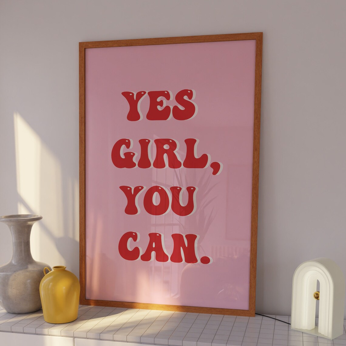 Yes Girl You Can Red Retro Groovy Girl Power Motivational Quote Poster