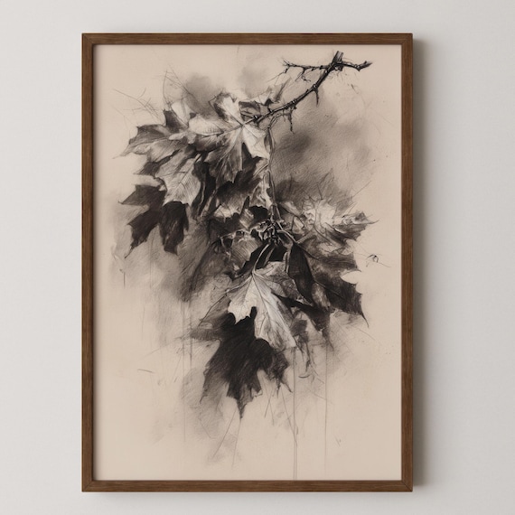 Autumn Maple Leaf Charcoal Sketch Monochrome Botanical Fall Foliage Poster