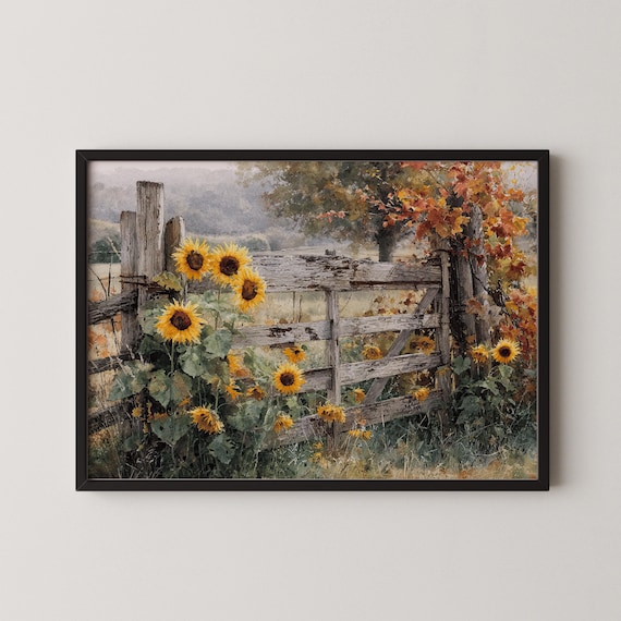 Sunflower Autumn Fence Art Print, Rustic Farmhouse