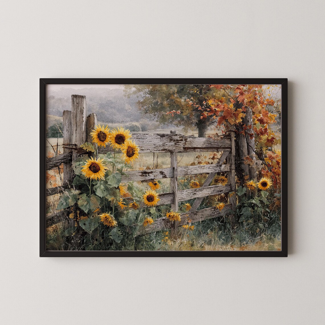 Sunflower Autumn Fence Art Print, Rustic Farmhouse