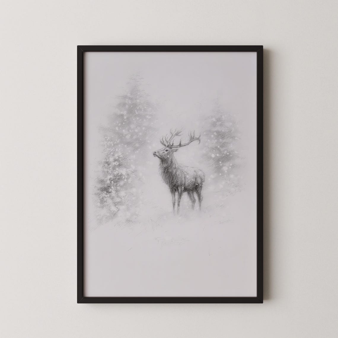 Majestic Stag Pencil Sketch Standing in a Snowy Winter Forest Poster