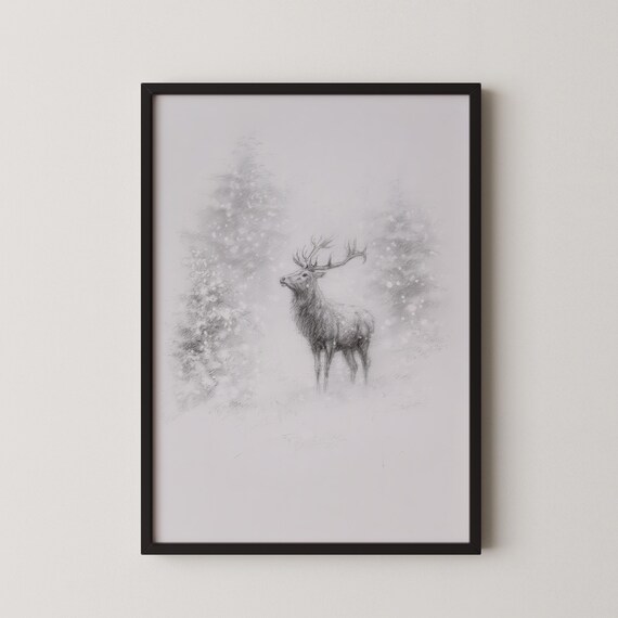 Winter Deer Art Print Majestic Stag Snowy Forest Wall Narnia Inspired Enchanting Wonderland Decor