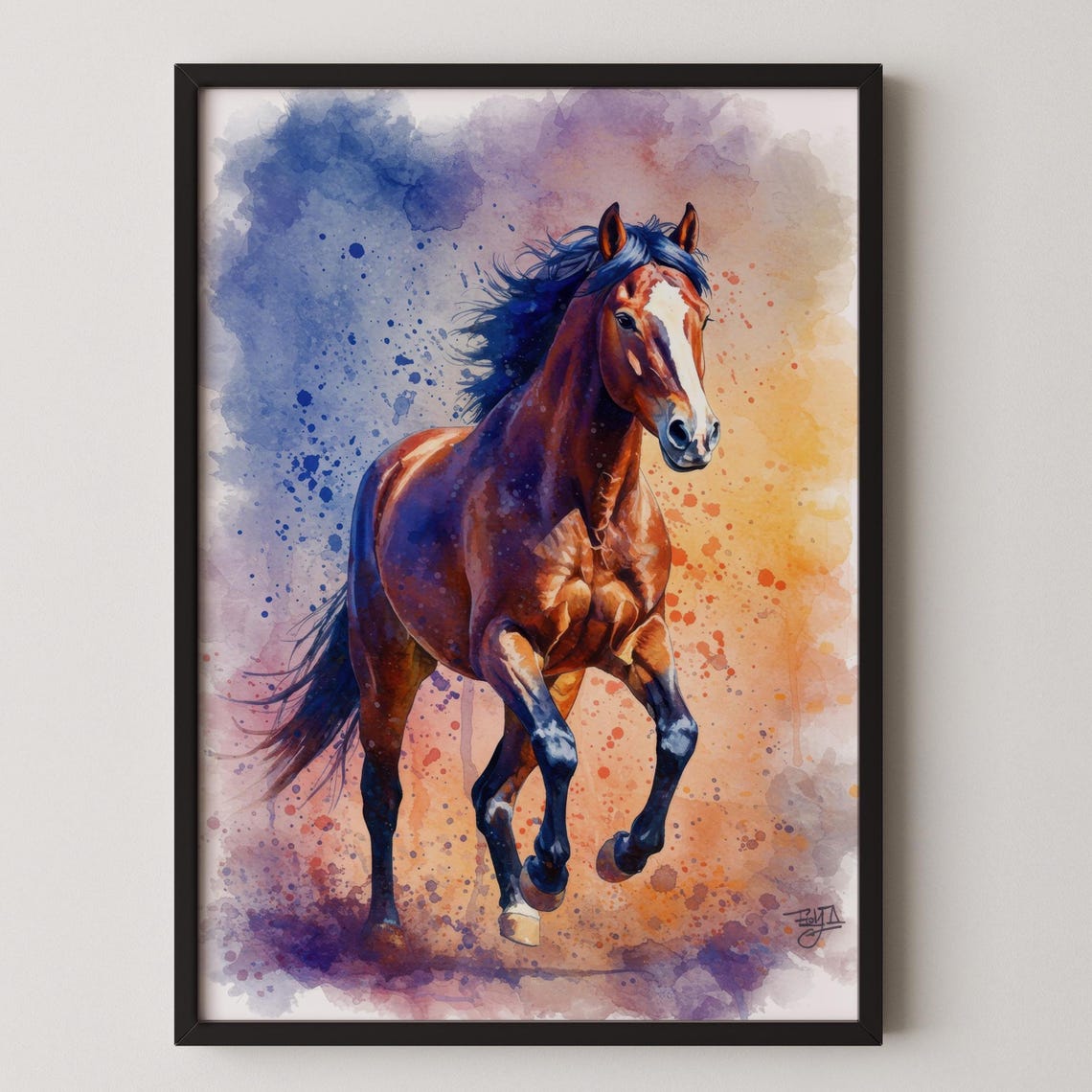 Galloping Chestnut Horse Watercolor Splash Vibrant Equine Print