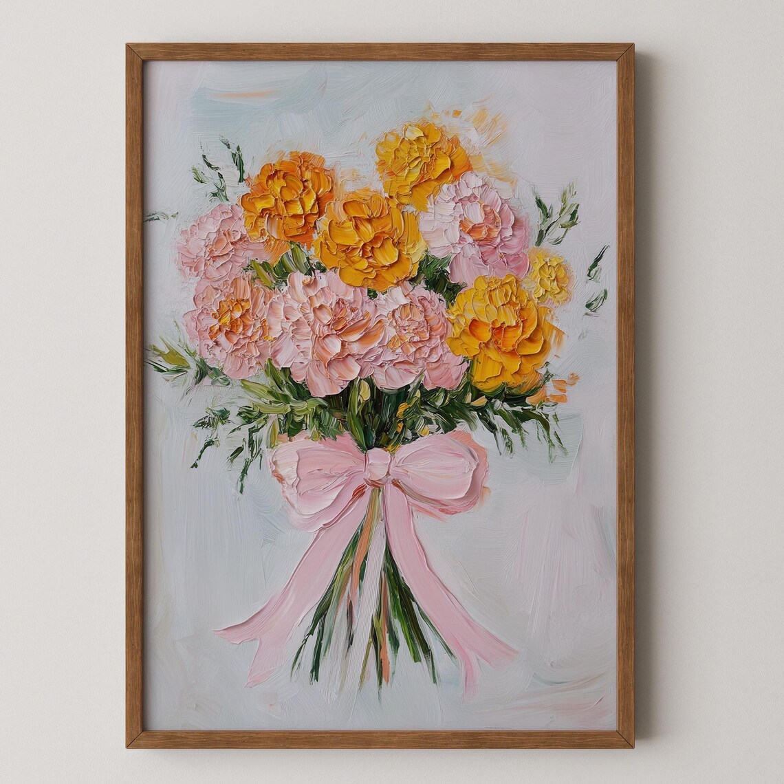 Orange Marigold Bouquet Oil Painting with a Pink Ribbon Bow Poster