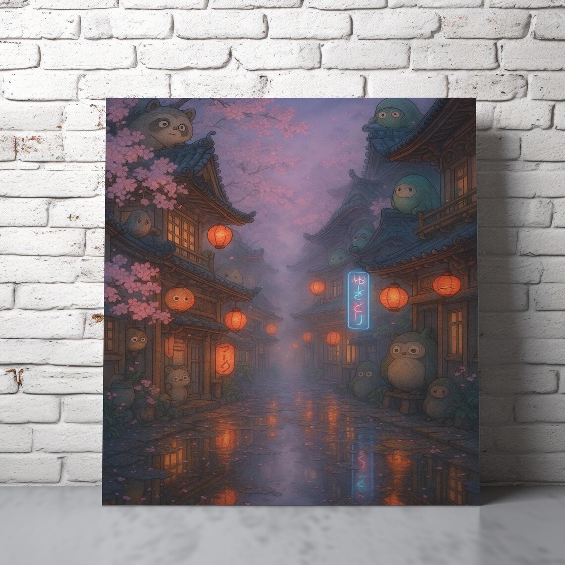 Anime Inspired Japanese Street Twilight Lanterns Cherry Blossoms Cute Town Art Poster