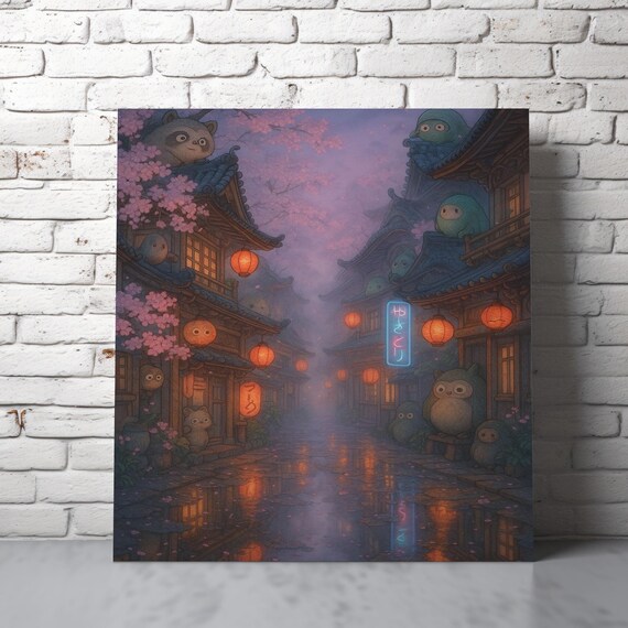 Anime Inspired Japanese Street Twilight Lanterns Cherry Blossoms Cute Town Art Poster