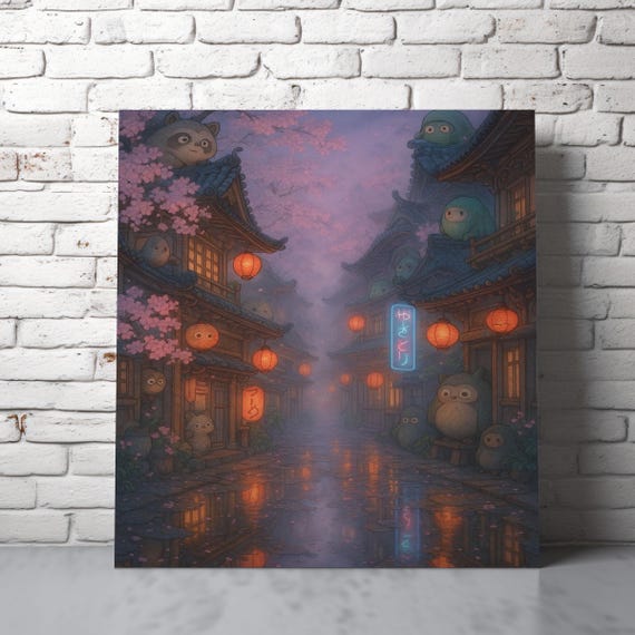 Ghibliinspired Japanese Street Print Twilight Lanterns Cherry Blossoms