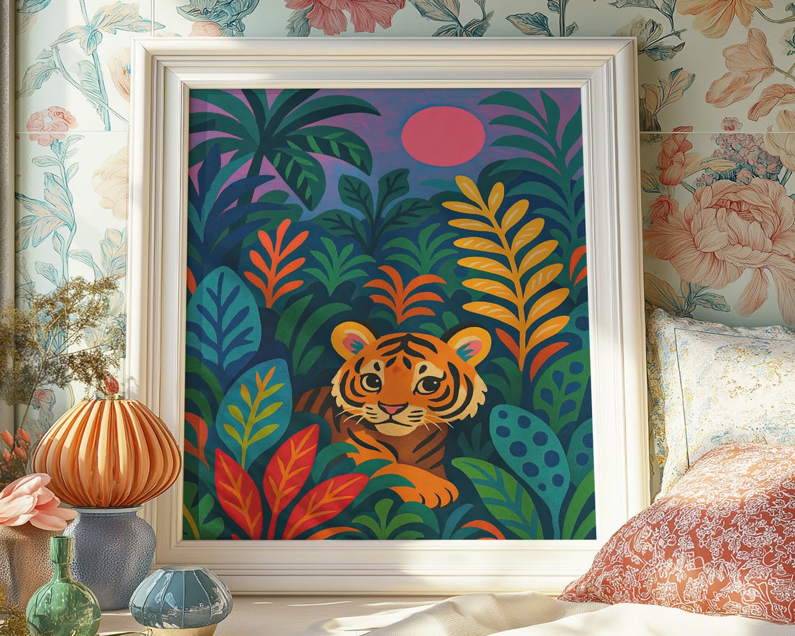 Cute Tiger Cub In Colorful Jungle Nursery Illustration Poster