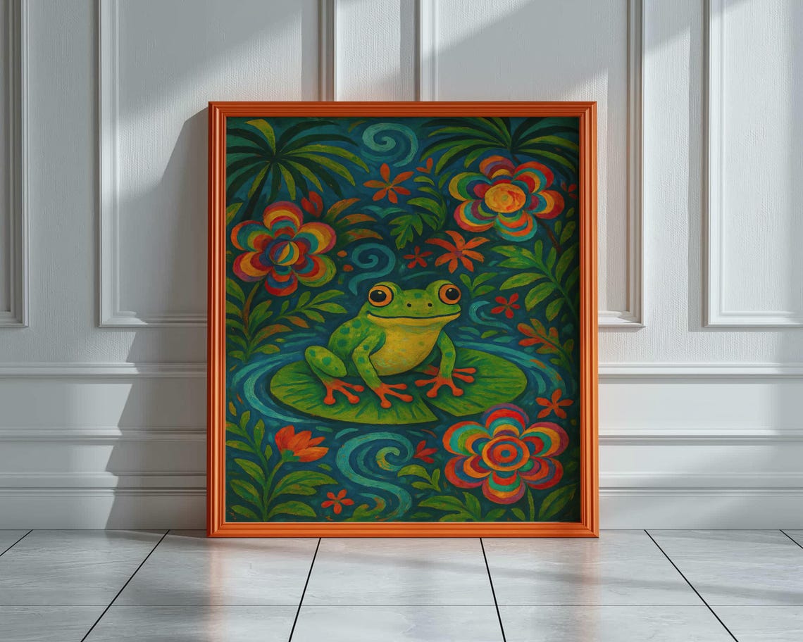 Cheerful Green Frog on Lily Pad Tropical Flower Jungle Poster