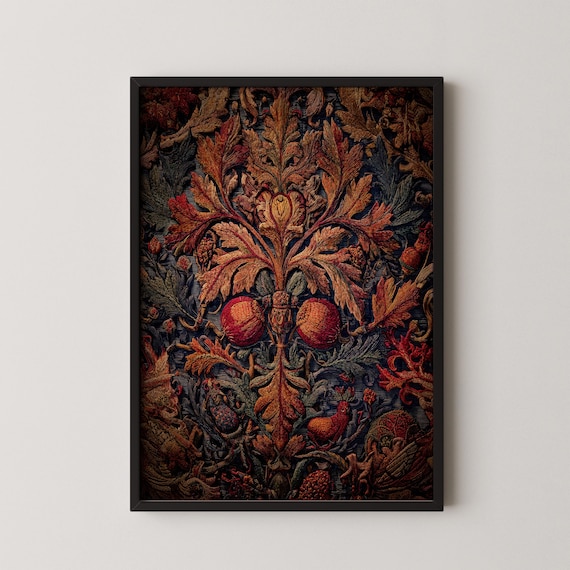 Dark Academia Botanical William Morris Style Autumn Tapestry Wall Art
