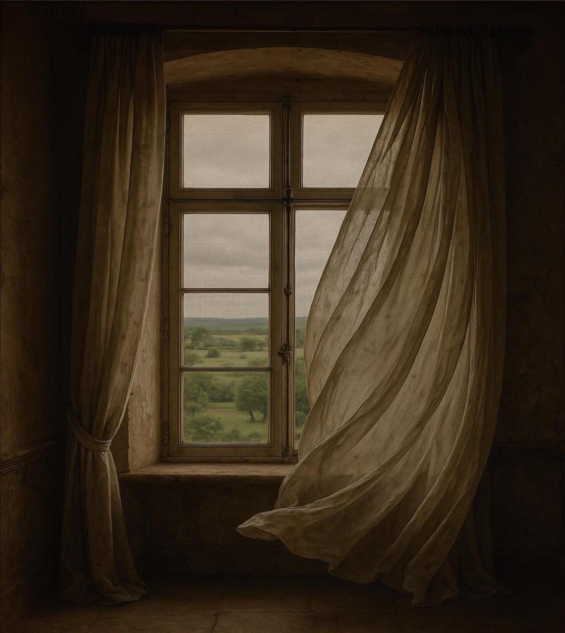 Old Window With Billowing Curtains Countryside Chateaucore Poster
