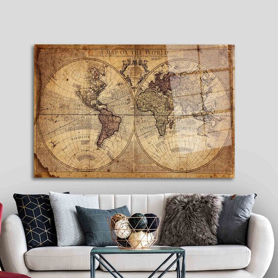Antique Double Hemisphere World Map Vintage Cartography Poster