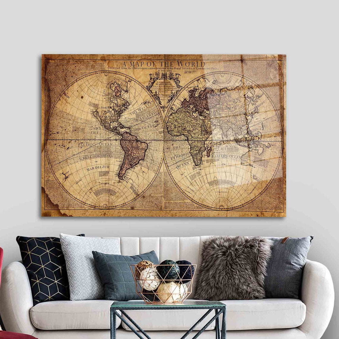 Antique Double Hemisphere World Map Vintage Cartography Poster