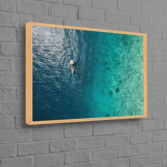 Aerial Lone Boat Turquoise Ocean Sea Minimalist Drone Photo Poster