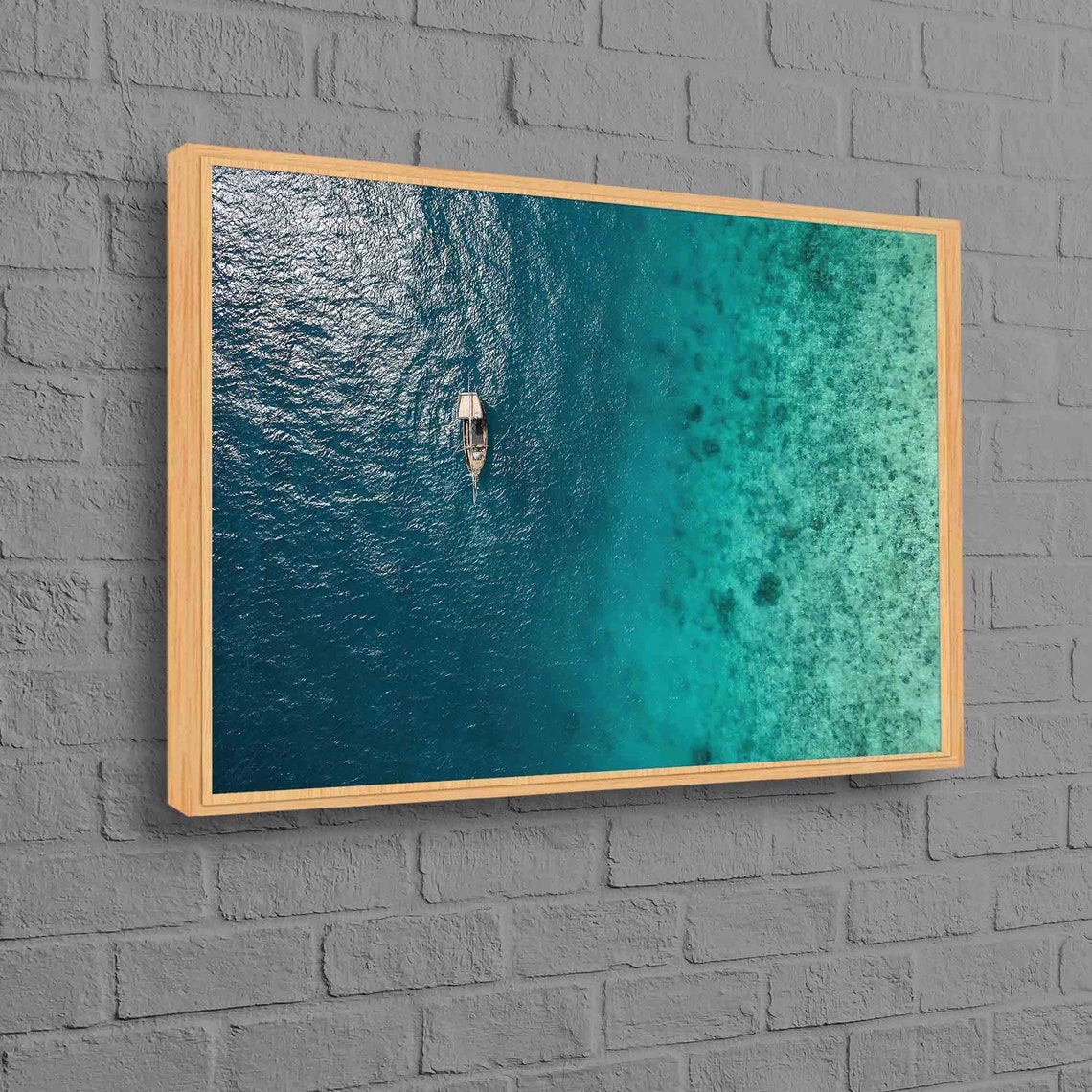 Aerial Lone Boat Turquoise Ocean Sea Minimalist Drone Photo Poster