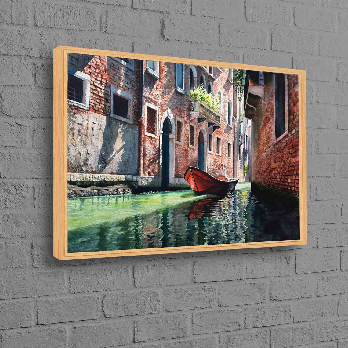 Red Boat Venice Canal Brick Buildings Watercolor Painting Poster Art