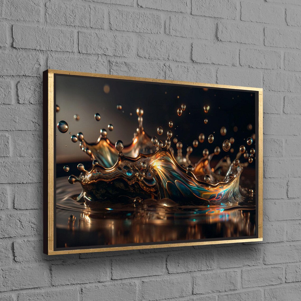 Golden Water Crown Splash Macro Droplets Dark Photography Poster