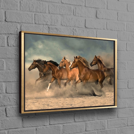 Five Galloping Horses Dusty Desert Storm Wildlife Art Poster