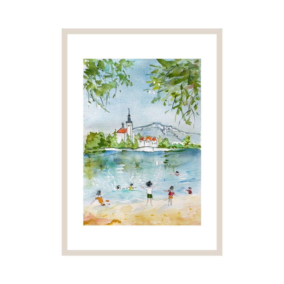 Lake Bled Slovenia Island Church Summer Swimmers Watercolor Poster