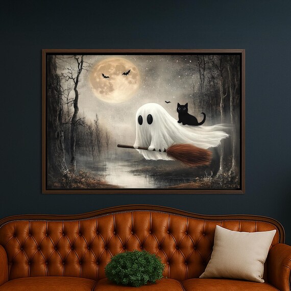And Black Cat On Broomstick Canvas Wall Art Spooky Halloween Decor