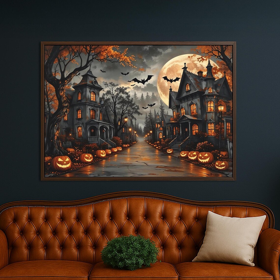 Haunted Castle Halloween Canvas Spooky Pumpkin Street With Full Moon