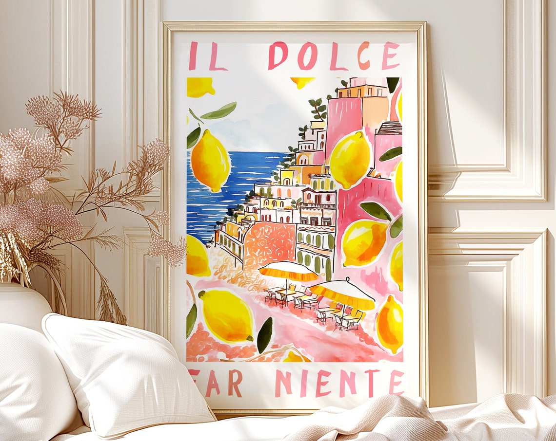 Il Dolce Far Niente Pink Seaside Town Lemons Italy Travel Poster
