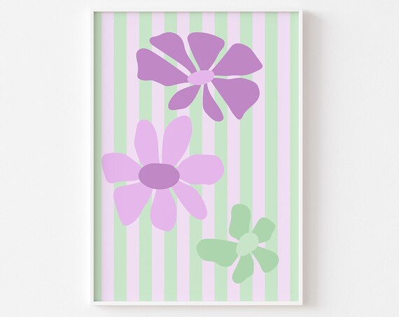 Lime And Lilac Stripes Abstract Flowers Trendy Pastel Art Poster