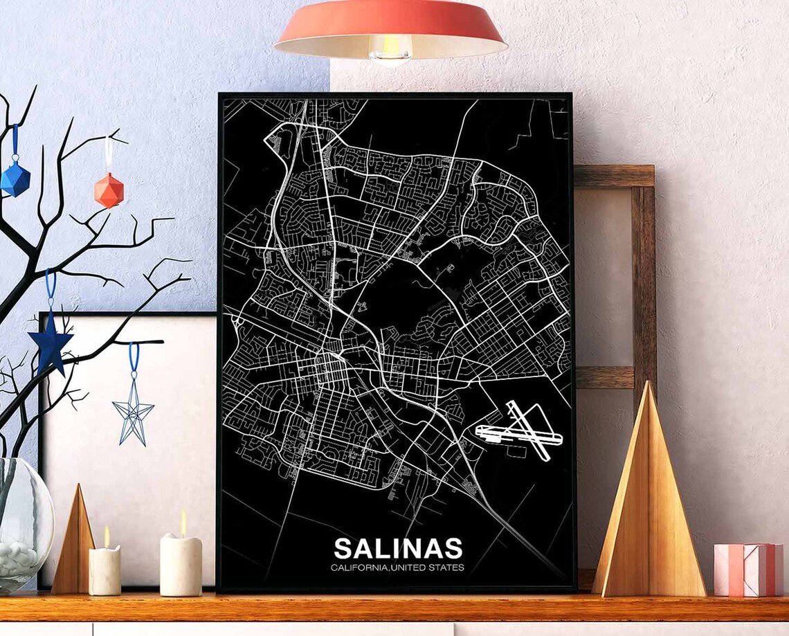 Salinas CA USA Map Poster, Modern Home Decor