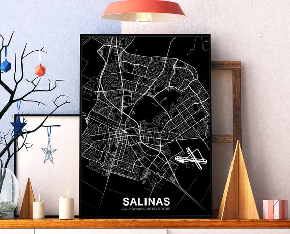 Salinas CA USA Map Poster, Modern Home Decor