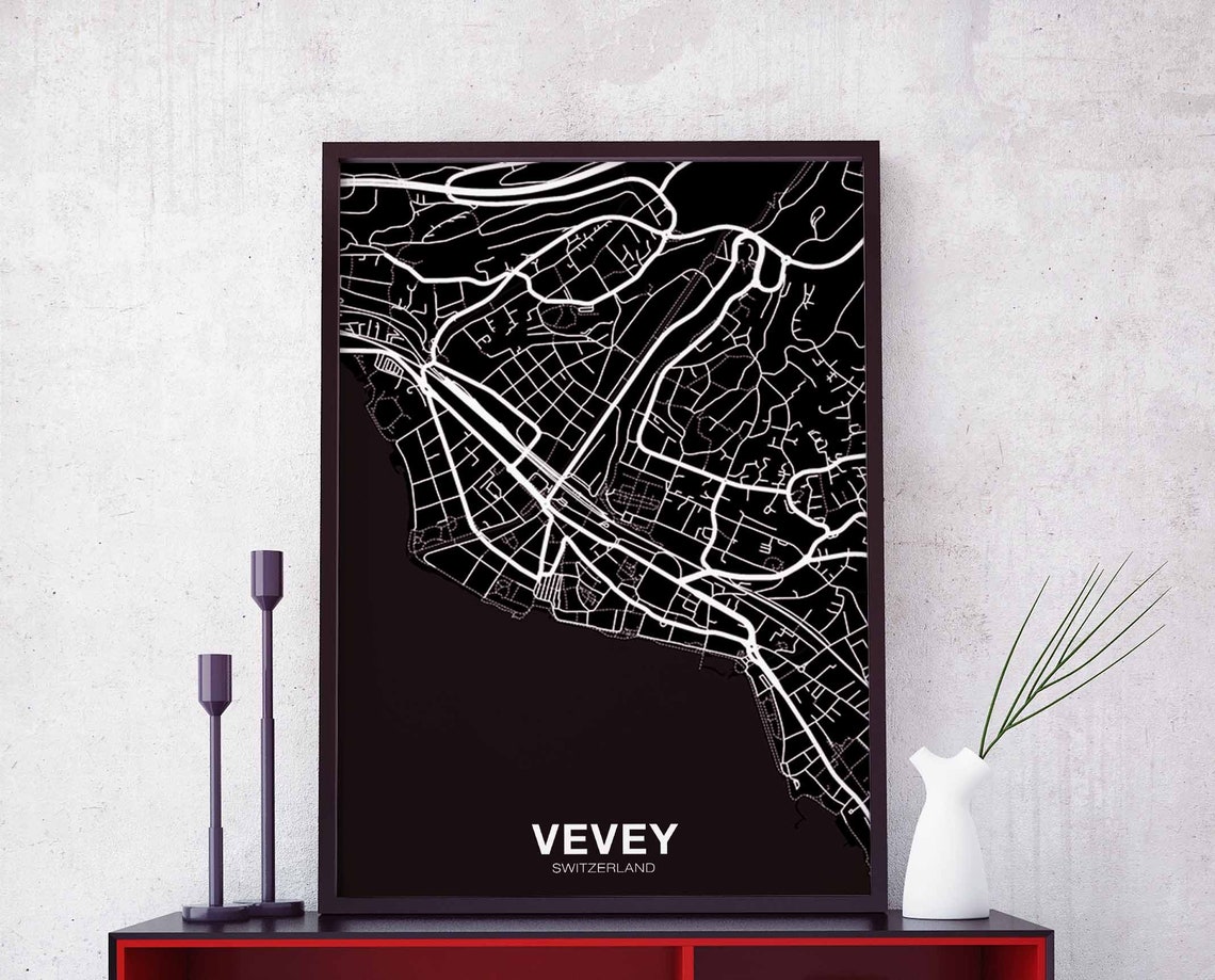 Vevey Switzerland Black White City Street Map Modern Art Poster