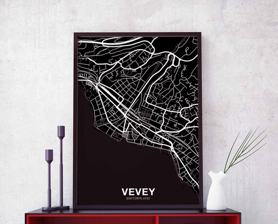 Vevey Switzerland Map Poster Black White Hometown City Print Modern Home Decor Office Decoration Wall Art Dorm Bedroom Gift