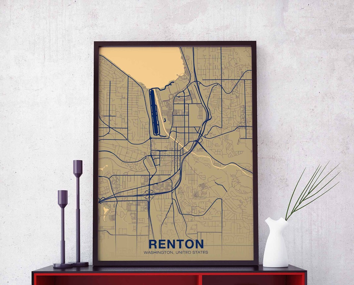 Renton Washington Minimalist Gold City Map Poster for Home Decor