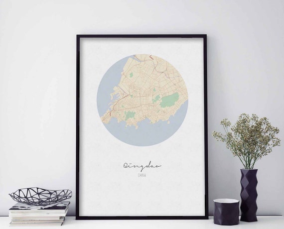 Qingdao China Map Poster Wall Decor Design Modern Minimal Nordic Travel Bedroom Home Art Vintage Retro Dorm Nursery Housewarming