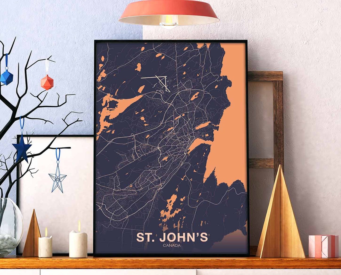 St. John's Canada Navy And Orange City Map Modern Coastal Art Poster