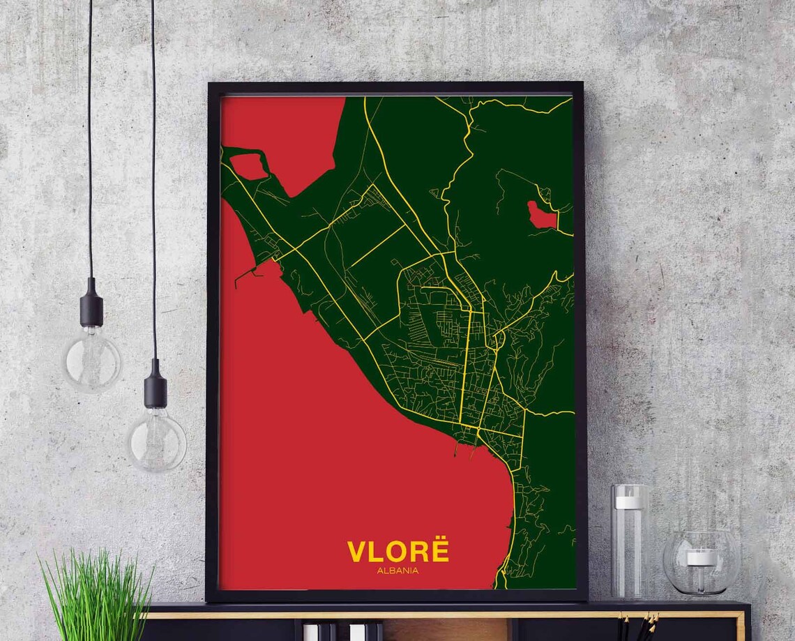 Vlore Albania Bold Red Green City Street Map Colorful Modern Poster