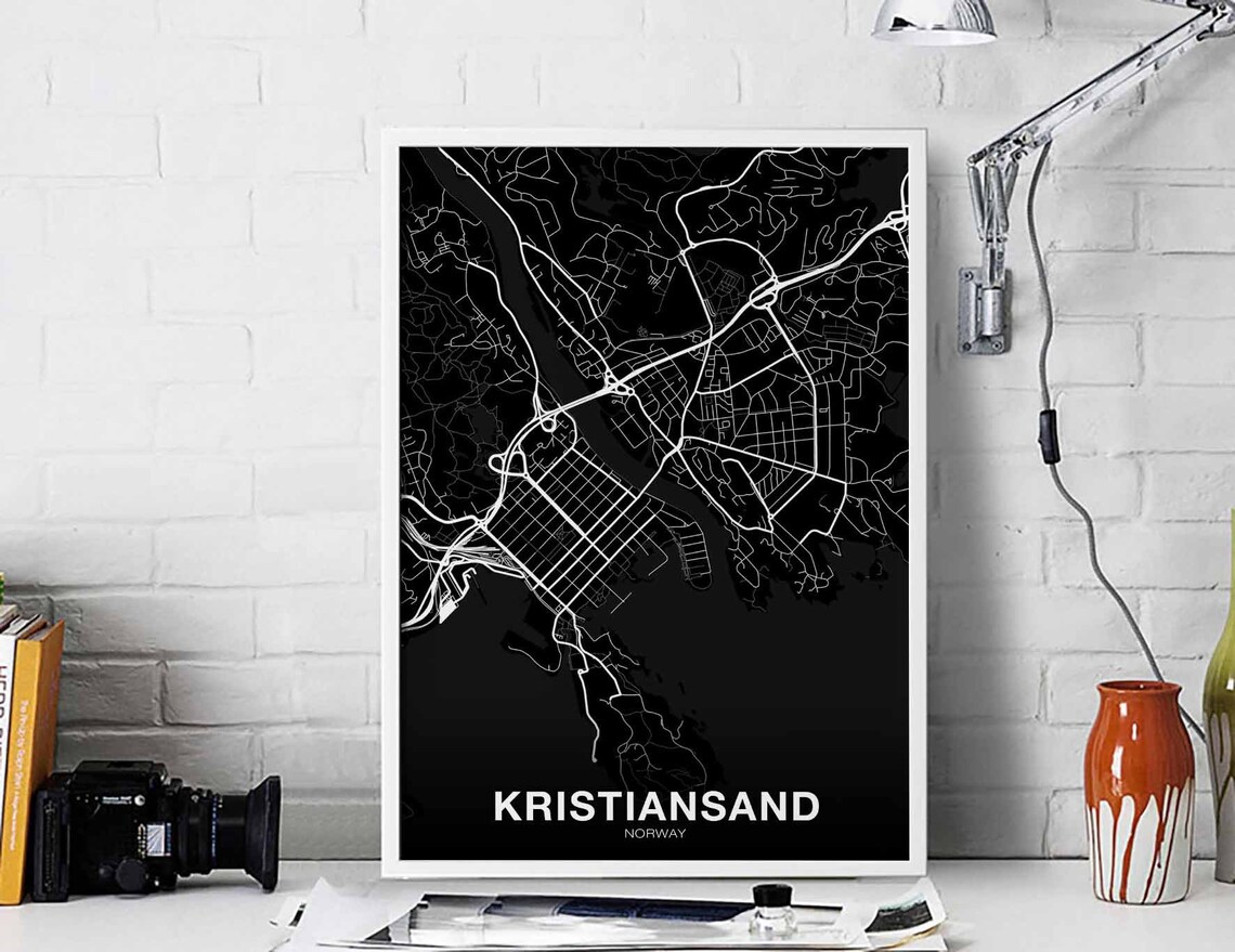 Kristiansand Norway Minimalist Black City Map Modern Travel Poster