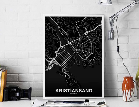 Kristiansand Norway Map Poster Black White Hometown City Print Modern Home Decor Office Decoration Wall Art Dorm Bedroom Gift