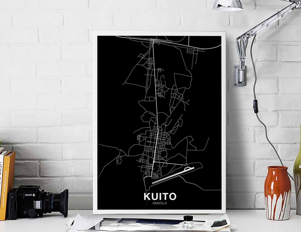 Kuito Angola City Map White Line Black Background Art Poster