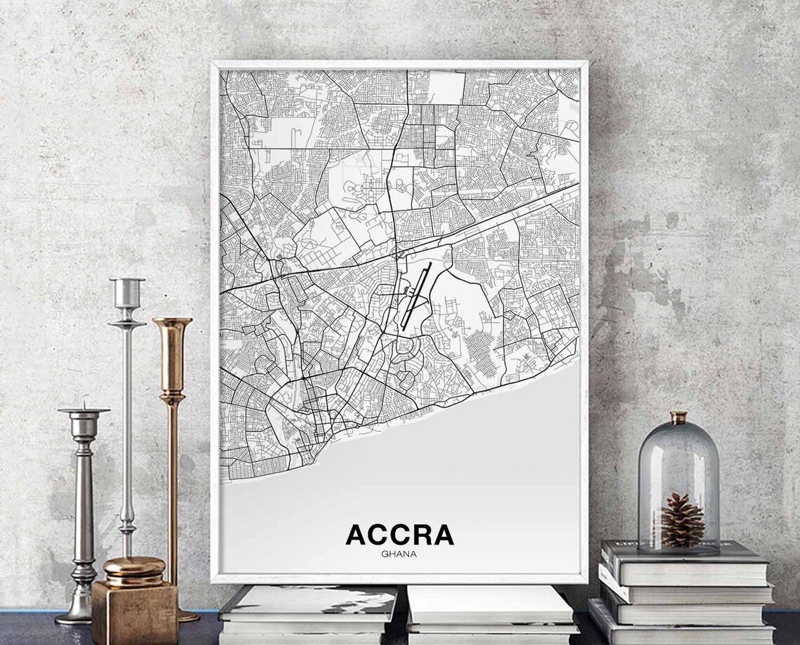 Accra Ghana Capital City Map Minimalist Black White Decor Poster