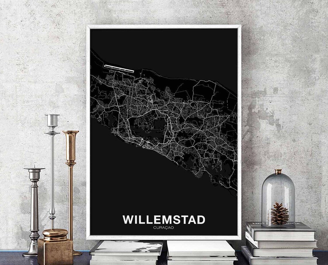 Willemstad Curacao Black White Minimalist City Map Travel Poster