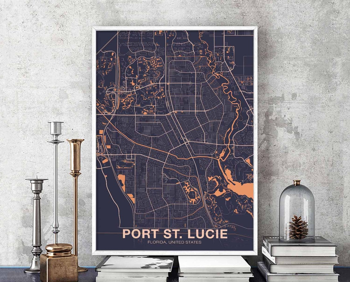 Port St Lucie Florida City Map Modern Dark Navy Orange Poster