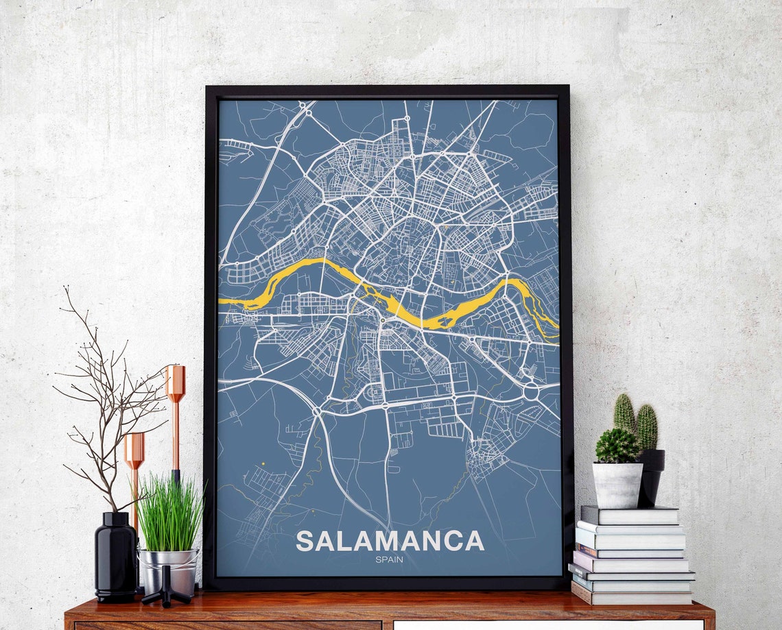 Salamanca Spain Blue City Map With Gold River Modern Decor Poster