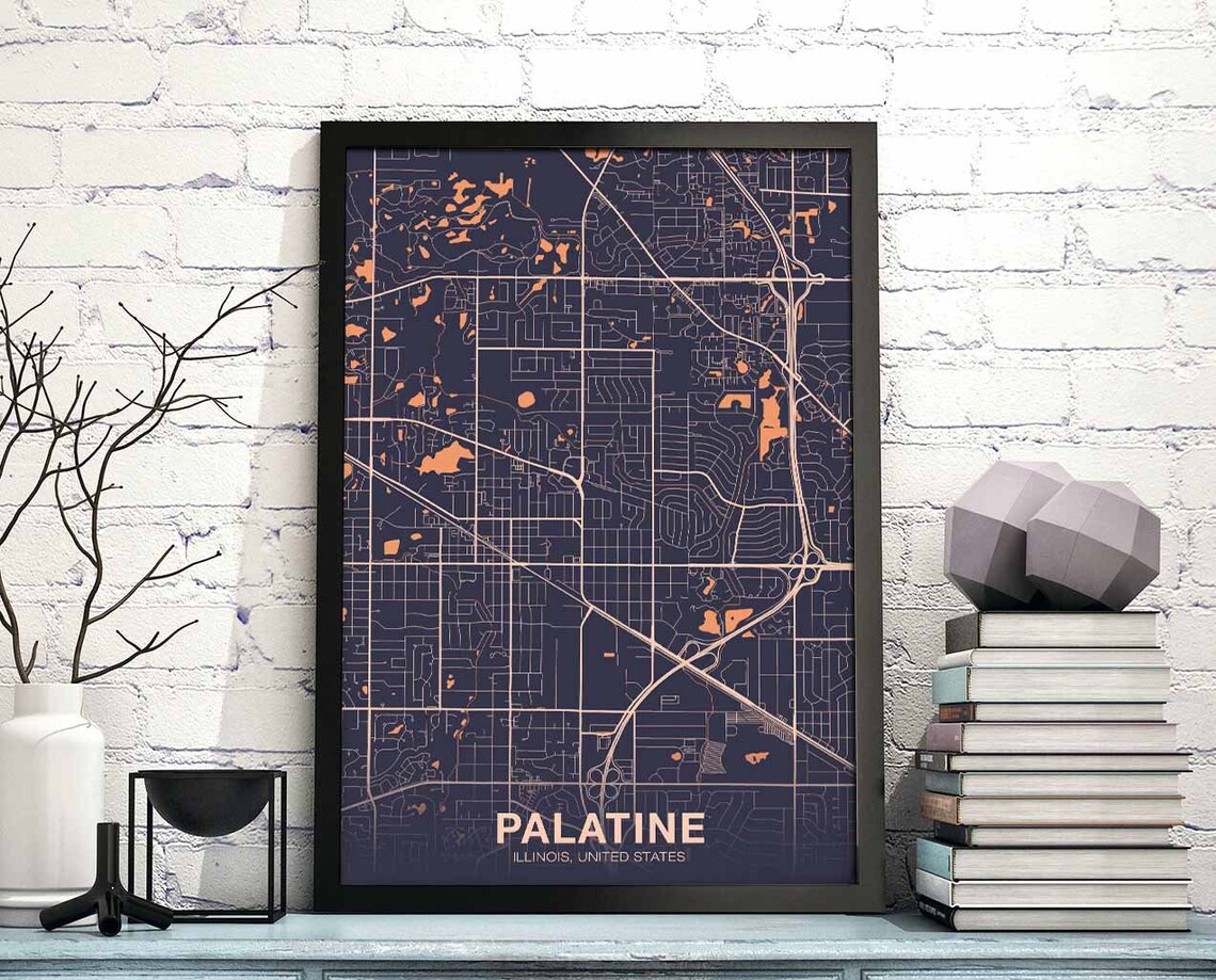 Palatine Illinois Copper Dark Modern City Street Map Art Poster