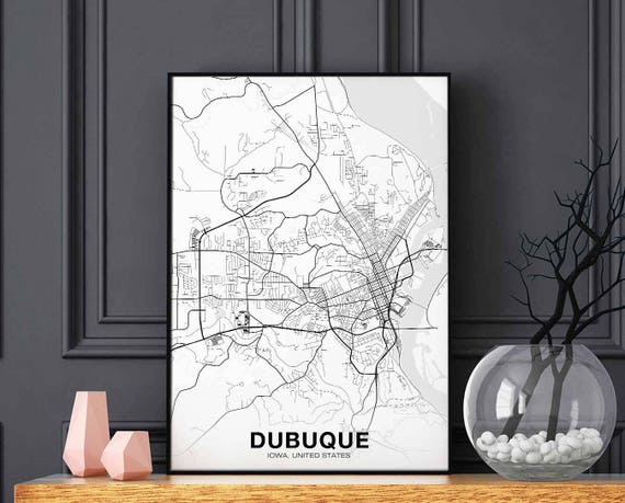 Dubuque Iowa Ia Usa Map Poster Black White Hometown City Print Modern Home Decor Office Decoration Wall Art Dorm Bedroom Gift